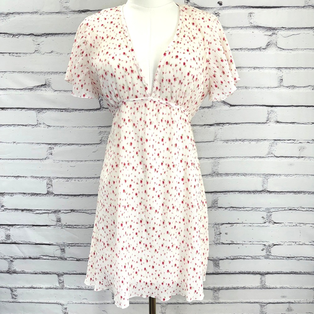Forever 21 Womens Plisse Floral V-Neck Mini Dress White Red Short Sleeve Small